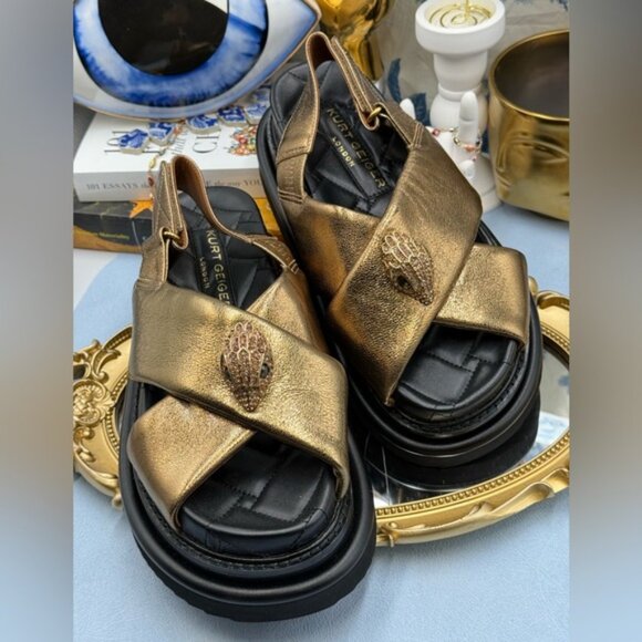 🆕 KURT GEIGER LONDON 🧿 NWOB Orson Cross Strap Sandal, Gold Bronze - Sz 38 7.5 - Picture 9 of 16